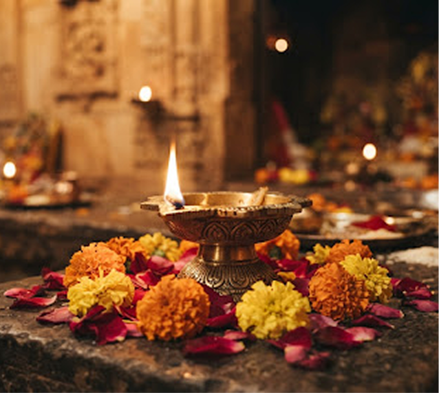 Traditional brass Diya lit at Shanti Mandir surrounded by marigold flowers